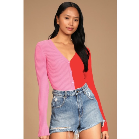 Lulu's Dynamic Duo Pink and Red Color Block Ribbed Cardigan Sweater - M - Picture 1 of 6